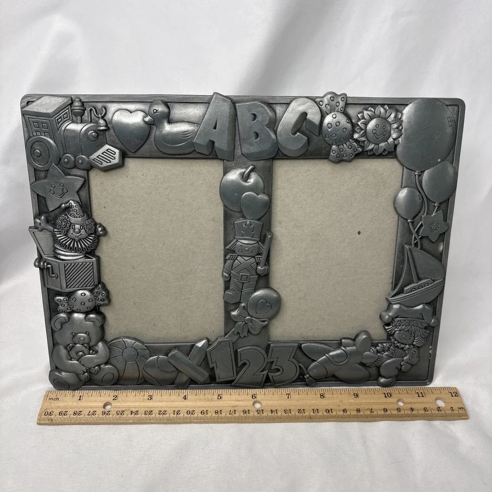 Pewter Metal Tabletop‎ Picture Frame Child Theme ABC 123 Nursery Silver 2 Slots